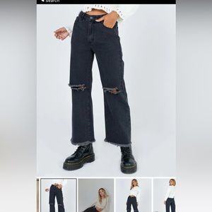 wide Leg Knee Rip Jeans Black